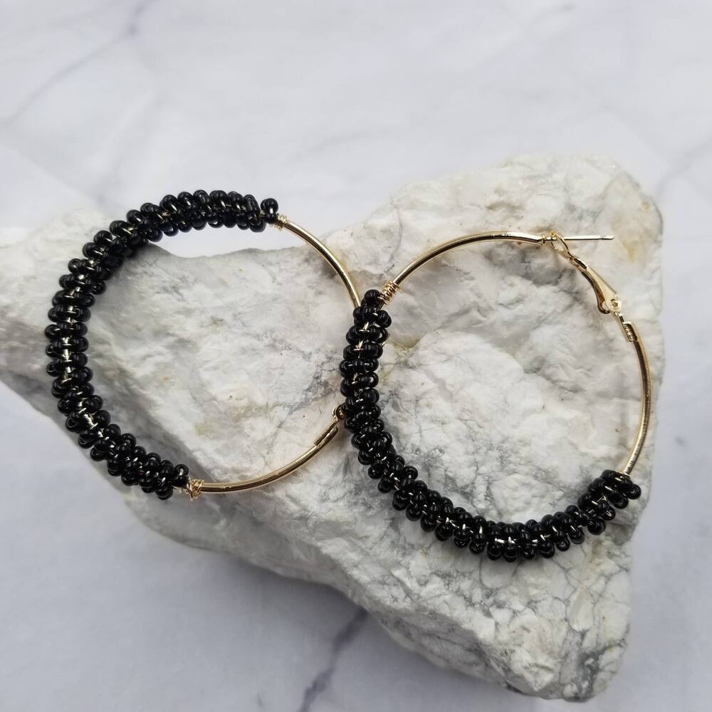 Handmade Boho Beaded Hoop Earrings Black